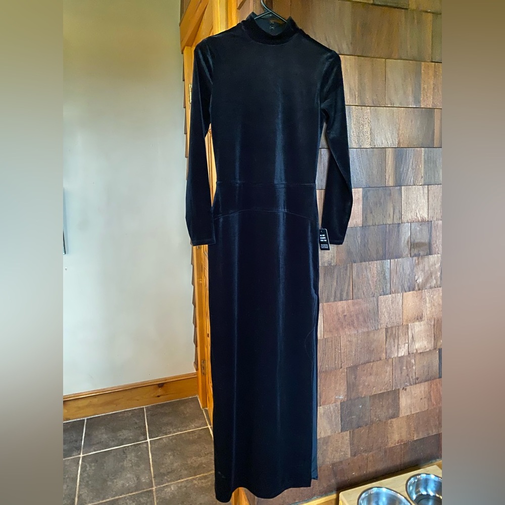 Express Floor Length Open Back Black Velour Mock neck dress